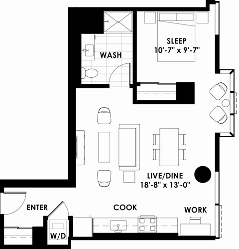 Floor plan for studio, 1 bath, 703 sqft